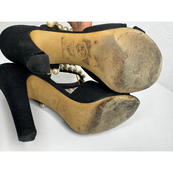 Chanel Black Grosgrain Faux Pearl Sandals EU 37.5 Luxury Designer Slide Sandals - Picture 4 of 12